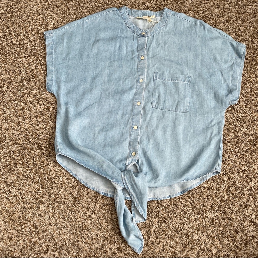 Lovestitch Top Women’s S Blue Tie Front 100% Tencel Lyocell Button-up Shirt NWT